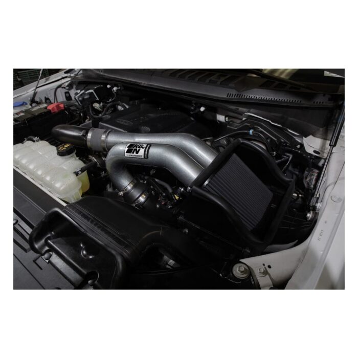 K&N performance air intake system installed on a Ford Raptor view of engine bay