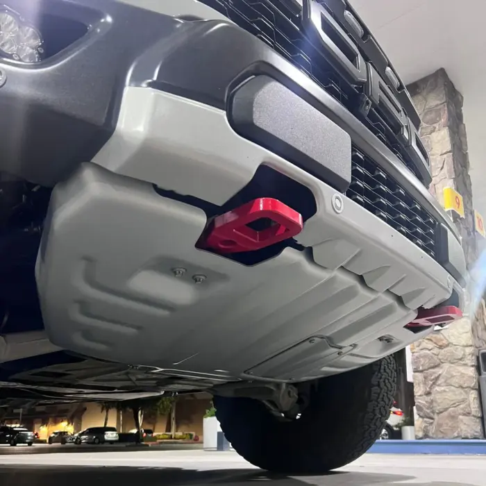 F-150 Raptor 2010-2024 Big-D Tow Hooks Showing front end of raptor, picture taken from floor perspective