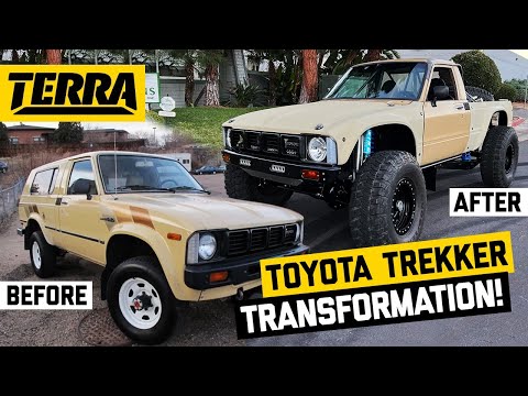 Two images of a Toyota Trekker are shown, with the left labeled "before" displaying the vehicle in its original state and the right labeled "after" featuring it transformed into a lifted beige prerunner with large off-road tires and custom modifications.