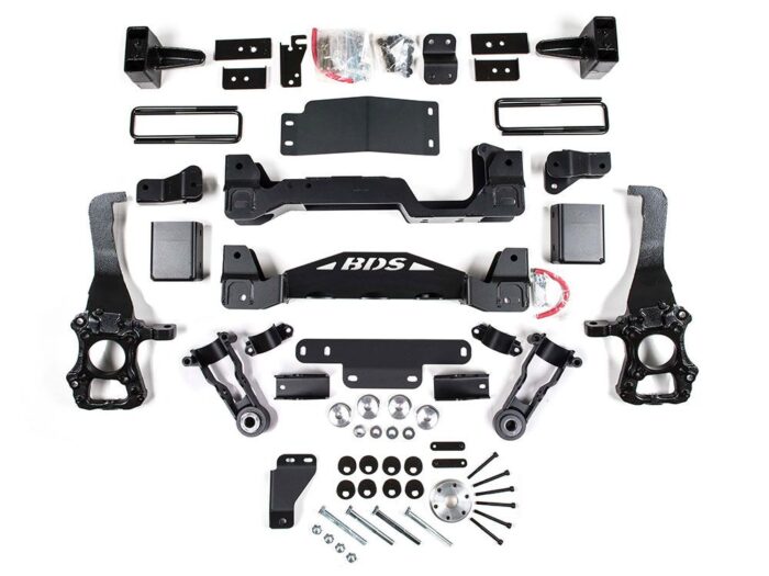 Raptor DBS lift kit parts all laid out on a white background