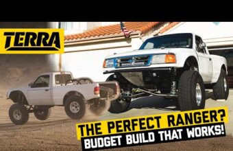 Two images of modified Ford Ranger trucks are shown. On the left, a white Ranger Prerunner is in motion on dirt, showcasing suspension and large tires. On the right, another white Ranger is parked, lifted with a front bumper and off-road upgrades. The text highlights the cost-effective build of the Prerunner.