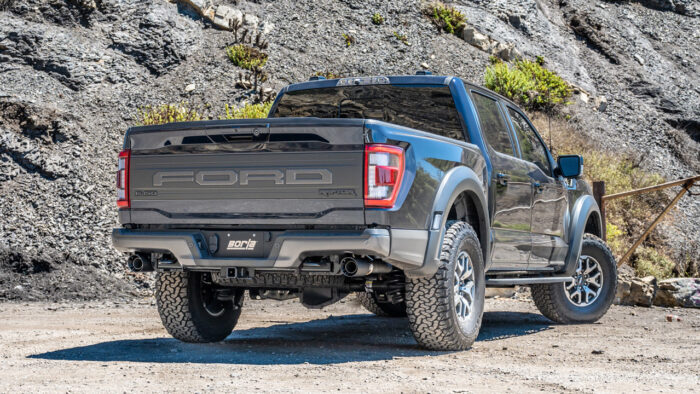 Back view of grey ford raptor with a Borla exhaust system installed