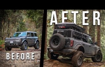 Two off-road vehicles in a forest setting are shown side by side, illustrating a modification before and after. The vehicle on the left is unmodified while the vehicle on the right is heavily modified for off-roading with larger tires, lifted suspension, and additional gear like a roof rack and spare tire mounted on the back.