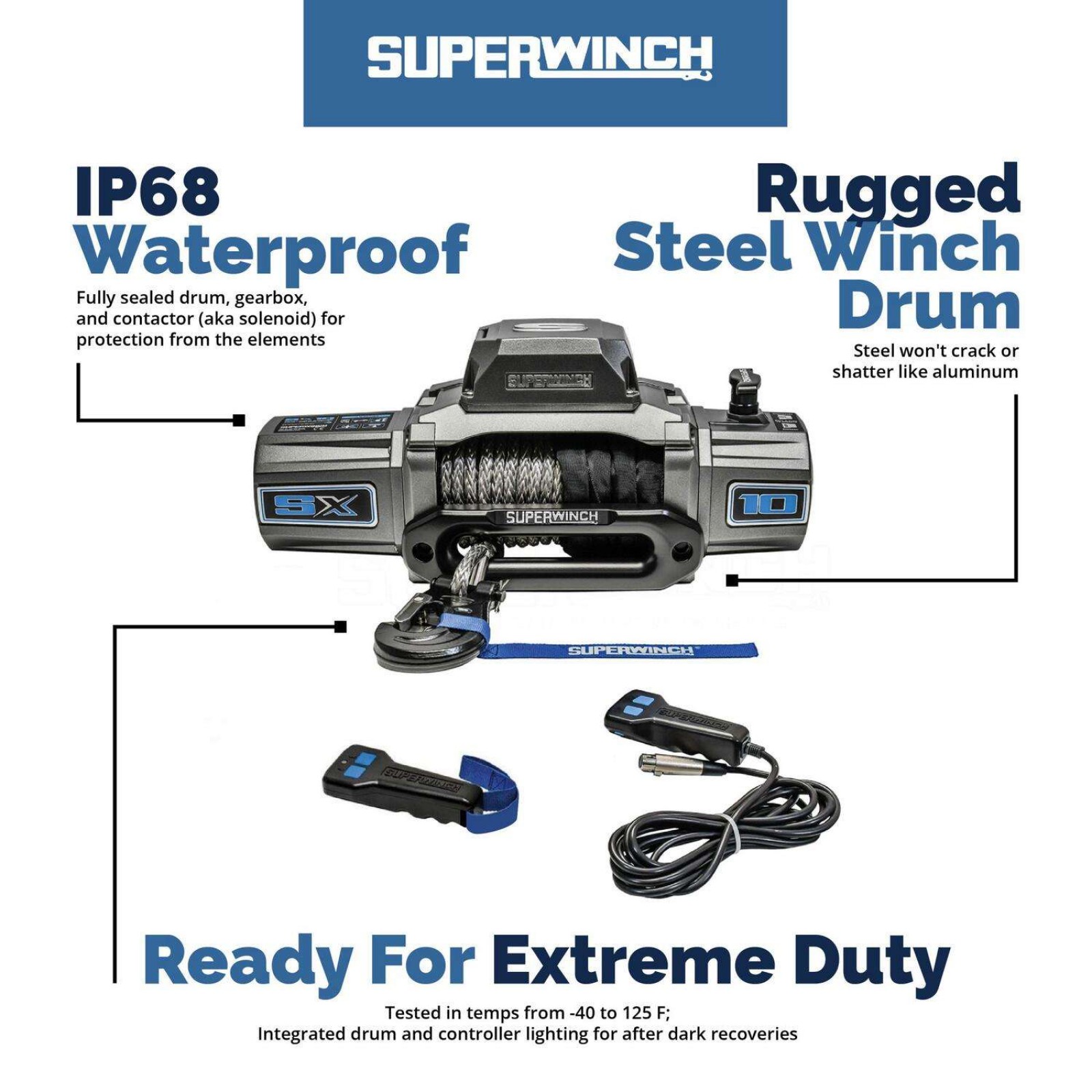 Superwinch SX10SR Winch showing the ip68 waterproofing and steel winch drum